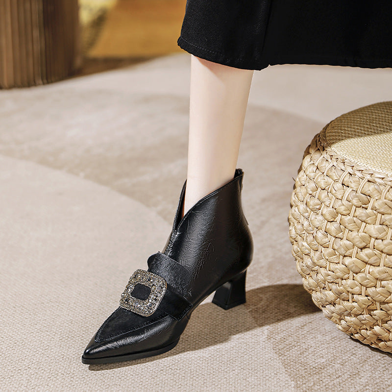 V Cut Chunky Ankle Genuine Horse Fur Pointed Toe Boots