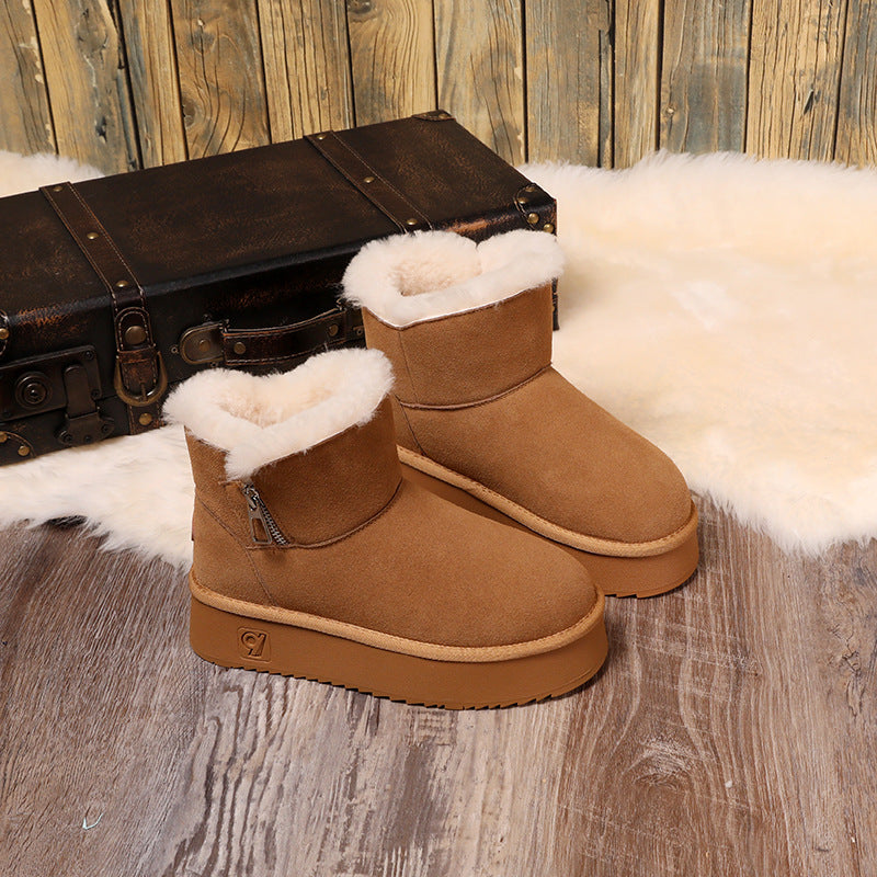 Women's Wool Muffin Short Heightening Thickening Fleece-lined Snow Boots