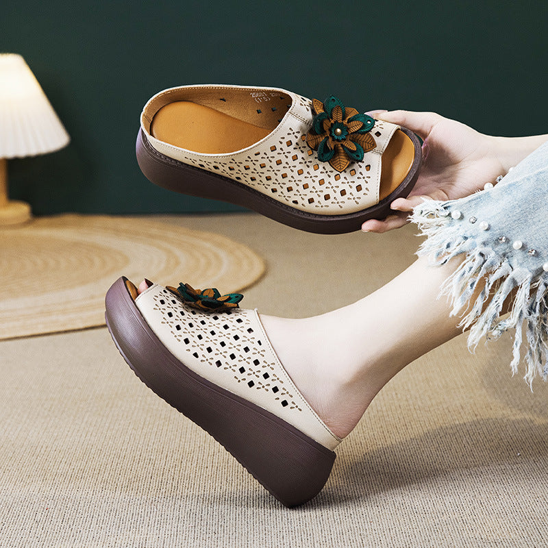 Women's Ethnic Style Flower Cutout Hole Thick Bottom Slippers