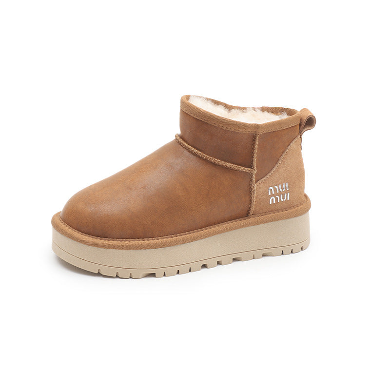 Women's Winter Cowhide Wool Bootie Thick Bottom Snow Boots