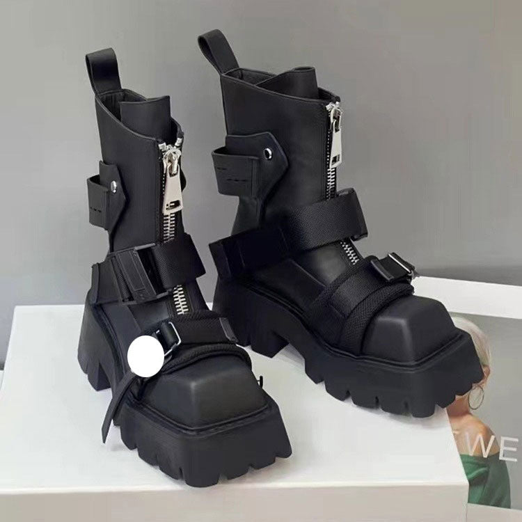Tide Square Head Niche Black Warrior Mobile Boots
