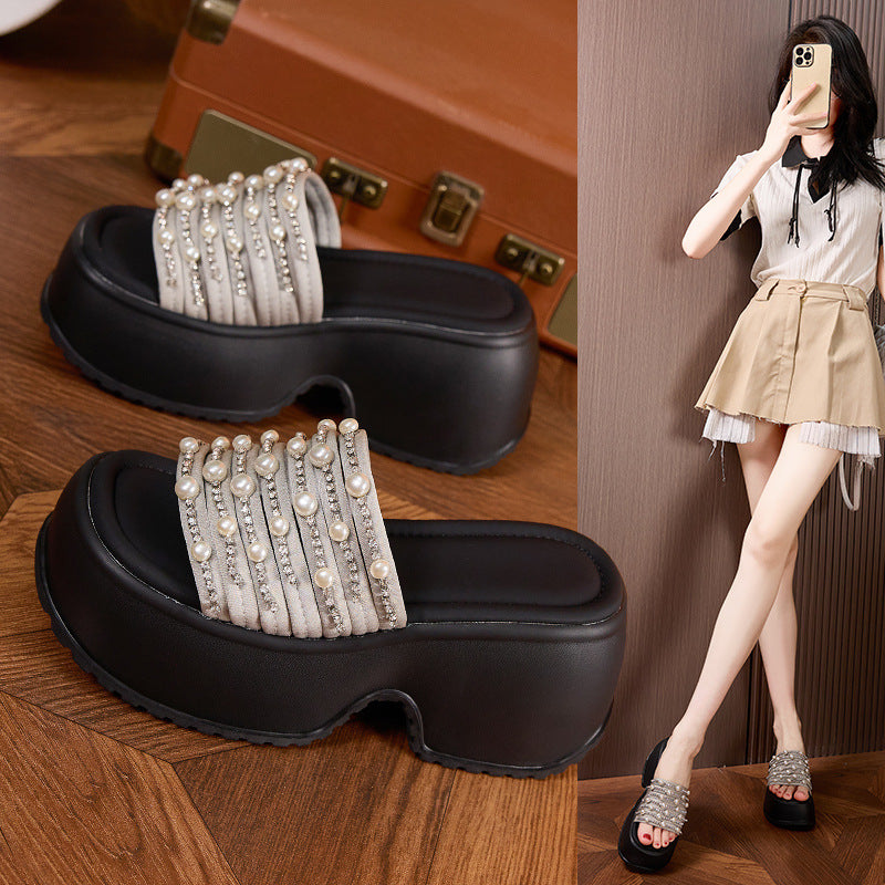 Women's Platform Outdoor Summer Rhinestone One-word Half Slippers