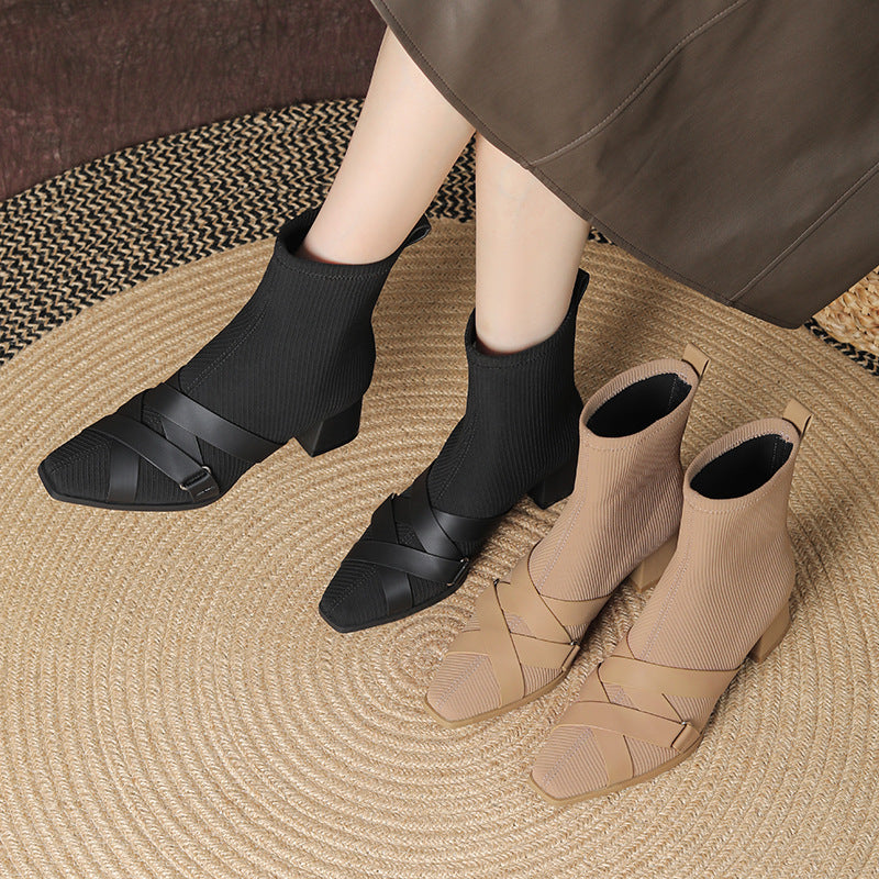 Cross Belt Buckle Square Toe Sleeve Boots