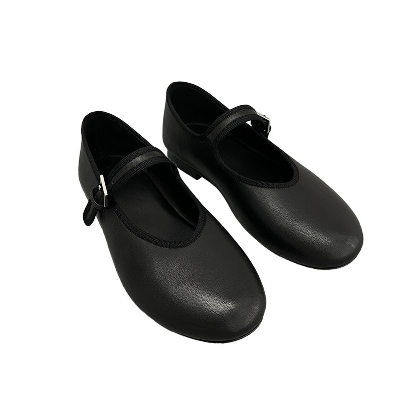 Women's Sheepskin Mary Jane Ballerina Flats Buckle Shallow Mouth Round Women's Shoes