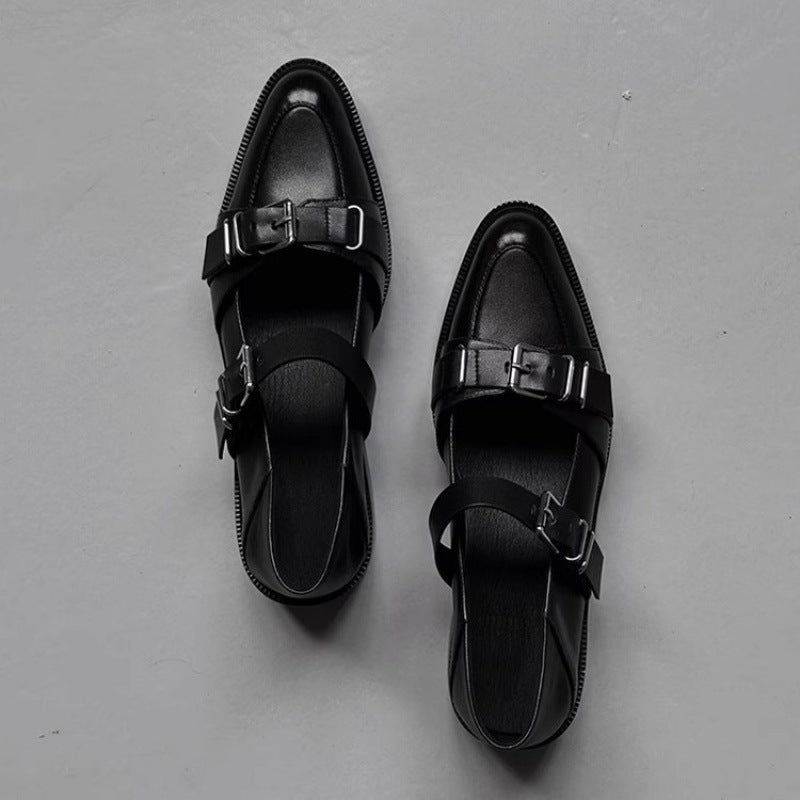 Women's Niche Round Toe Pumps Summer Dark Leather Shoes