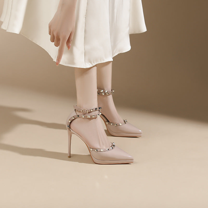 Women's Rivet High Summer Pointed Toe Stiletto Waterproof Women's Shoes