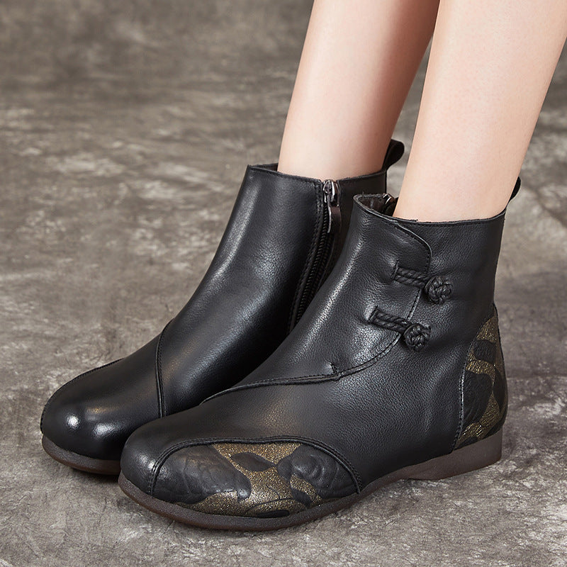 Women's Style Soft Bottom Top Layer Cowhide Round Boots