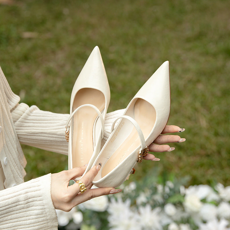 Sheepskin Word Buckle High Female Stiletto Women's Fashion Shoes