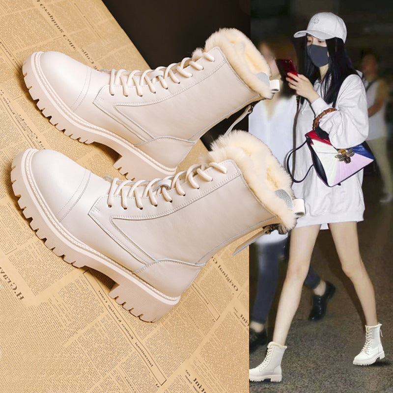 Women's Martin Real Fur Fleece-lined Thick-soled British Snow Boots