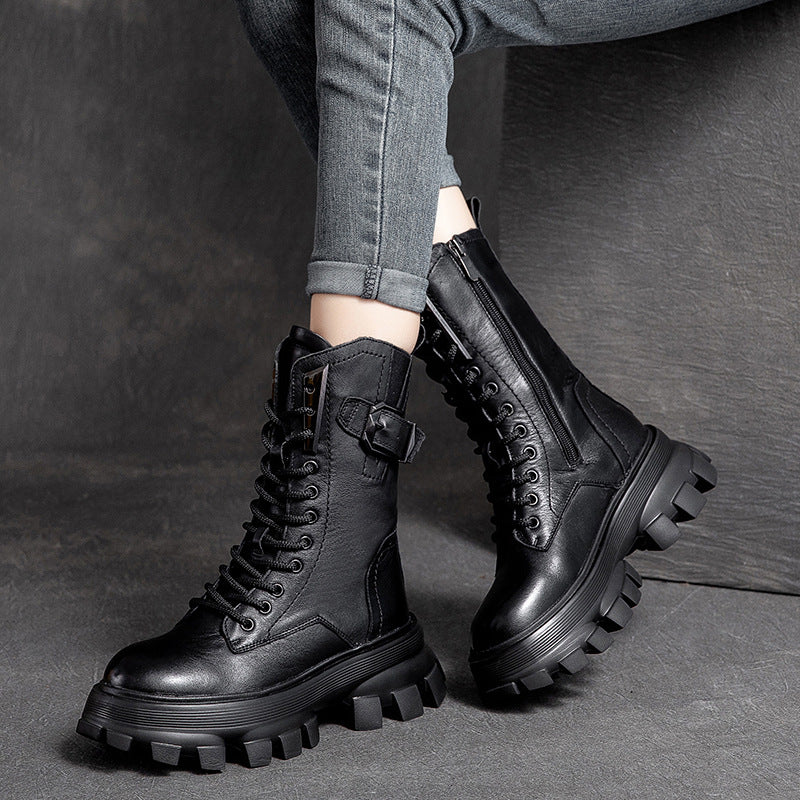 Shu Autumn Solid Color Retro Belt Buckle Muffin Boots