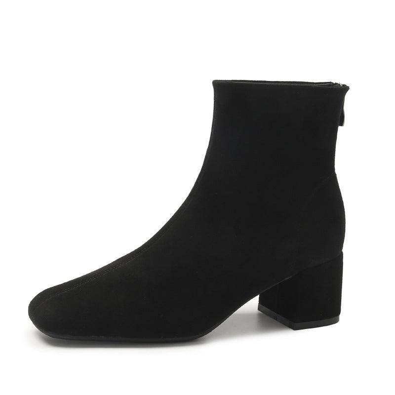 Women's Style Square Toe Back Zip Short Chunky Mid Martin Plus Women's Leather Boots