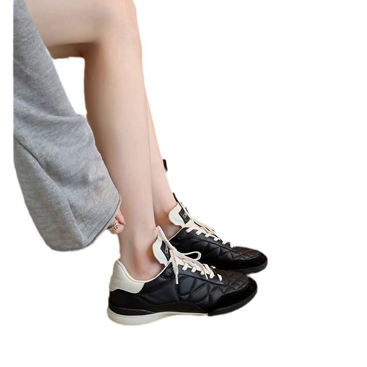 Women's Full Calf Skin Rhombus Sports Round Sneakers