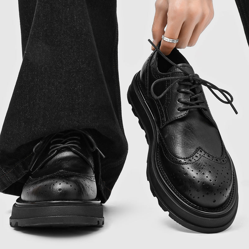 Men's Brown Brogue Thick Bottom Height Increasing British Retro Formal Men's Casual Leather Shoes