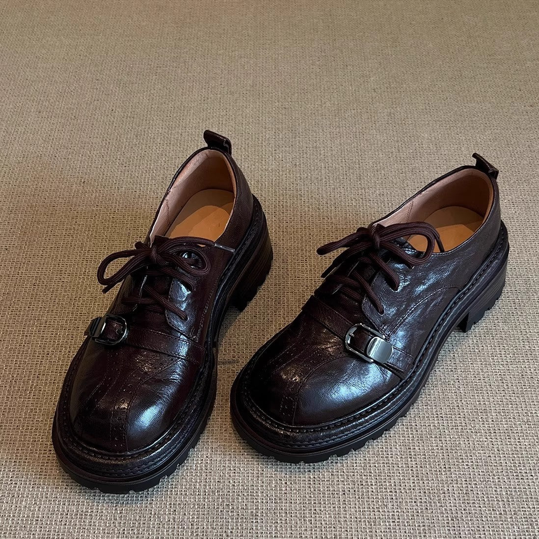 Women's Thick-soled Metal Strap British Small Black Leather Shoes