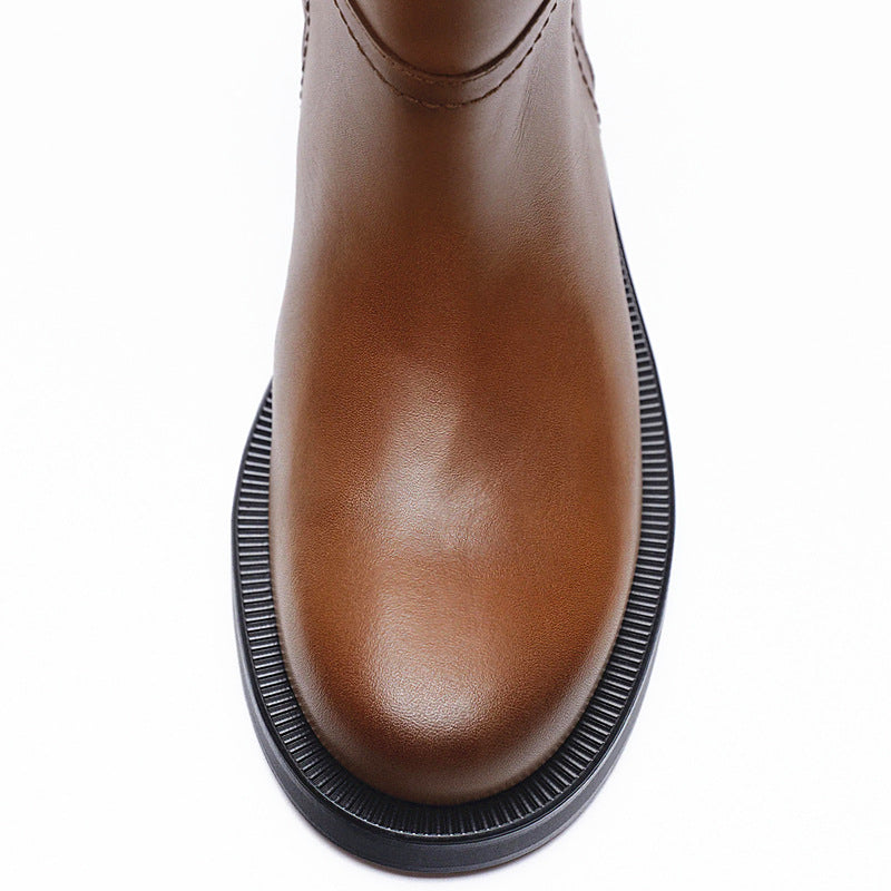 Women's Autumn Brown Vintage Cow Round Toe Boots