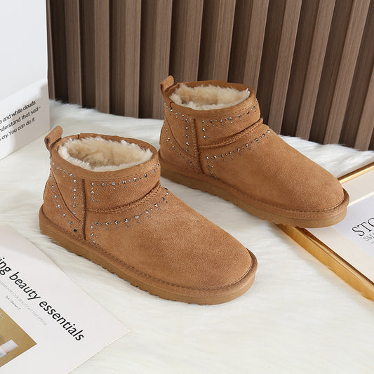 Women's Hot Drilling Round Head Plus Veet Warm Snow Boots