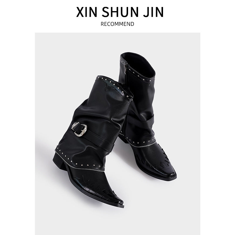 Pointed Toe Chunky Martin Rivet Chain Boots