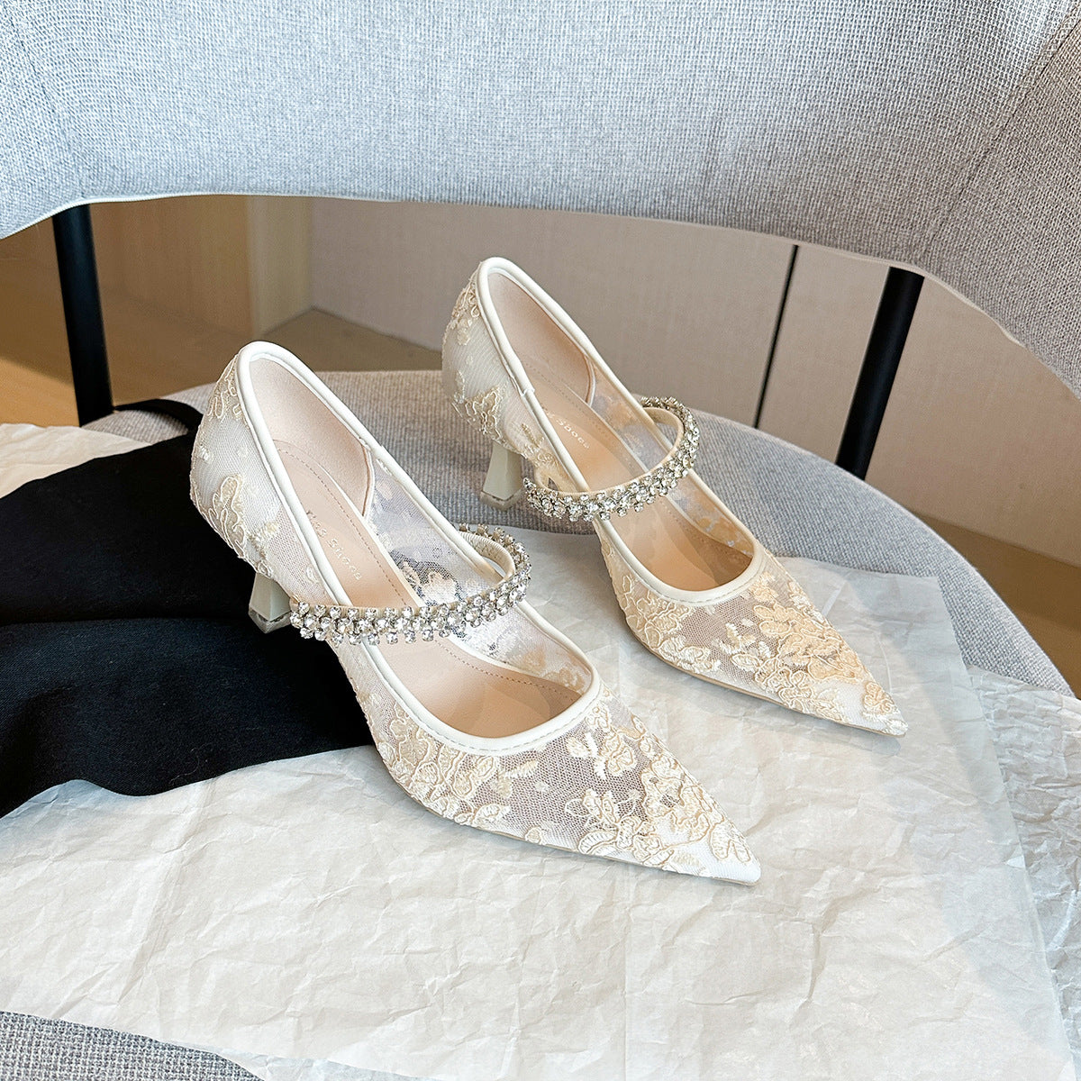 Lace Pointed Toe High Pumps Rhinestones Women's Shoes
