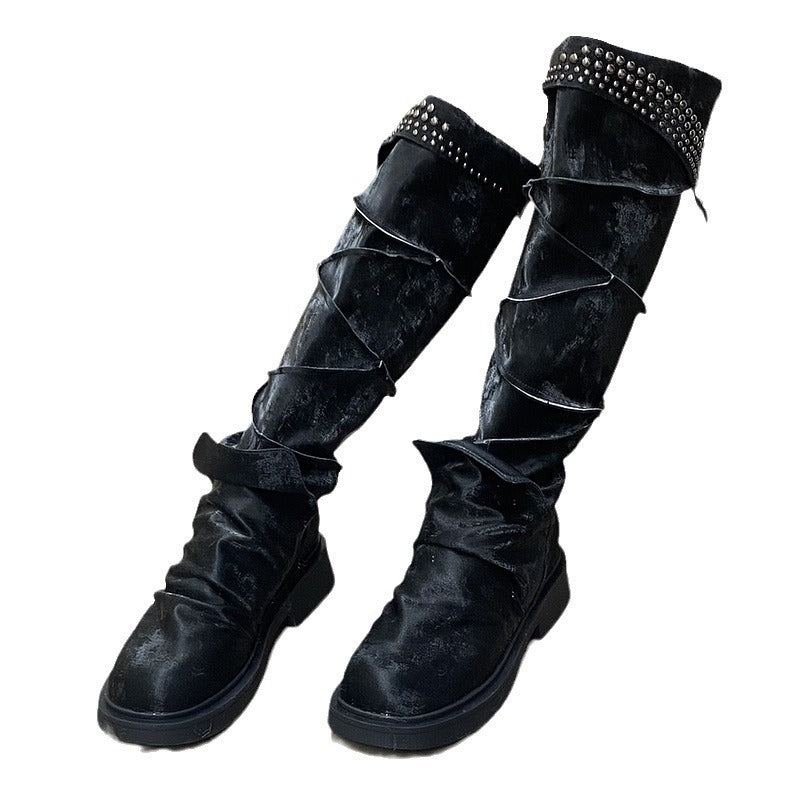 Round Head Chunky Western Cowboy Female Rivet Women's Leather Boots