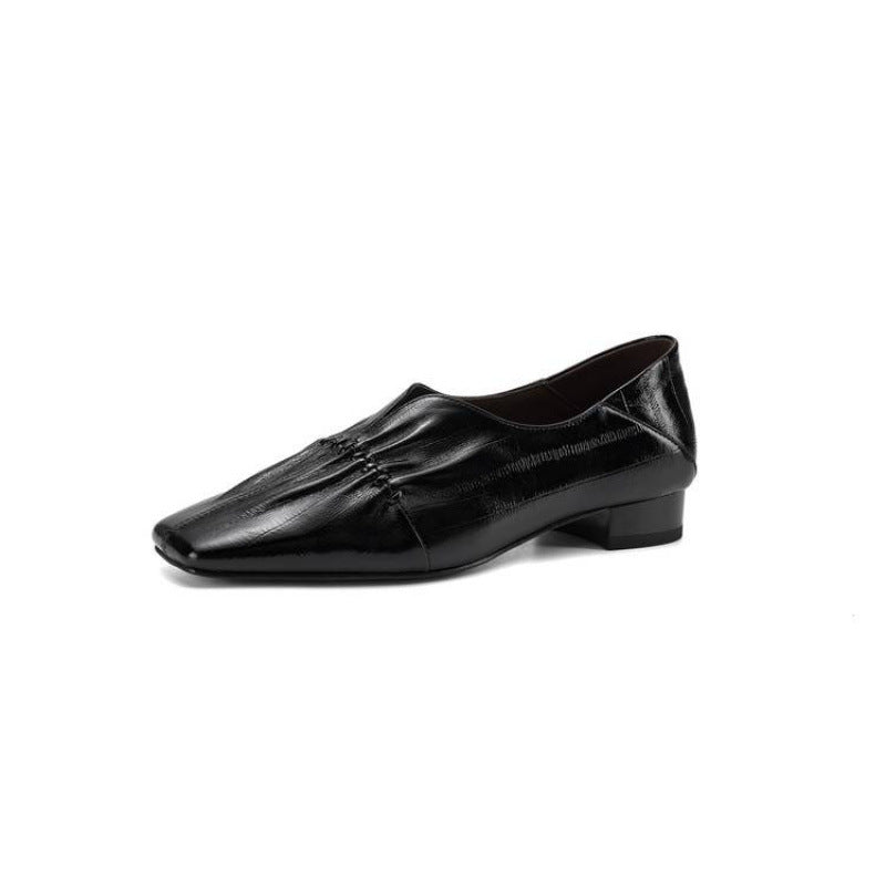 Women's French Vintage Style Square Toe Pleated Spring Pumps Slip-on Comfortable Leather Shoes