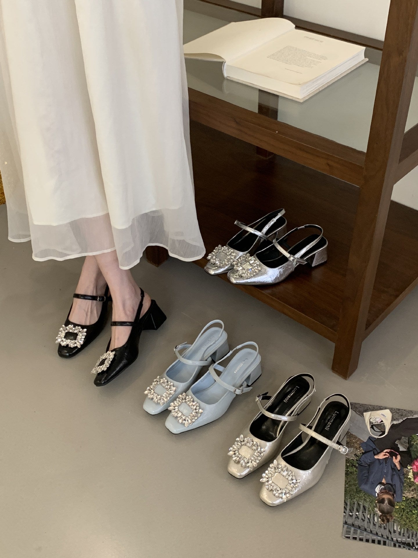 Women's Rhinestone Square Buckle Closed Toe Chunky Slip-on With Skirt High Heeled Sandals