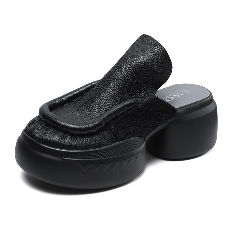 Women's Cowhide Personality Muffin Outer Wear Half Slippers