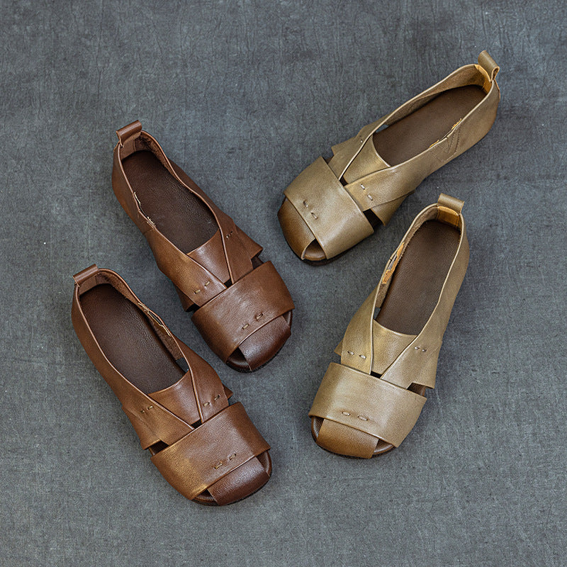 Women's Cowhide Retro Handmade Flat Soft Bottom Summer Sandals