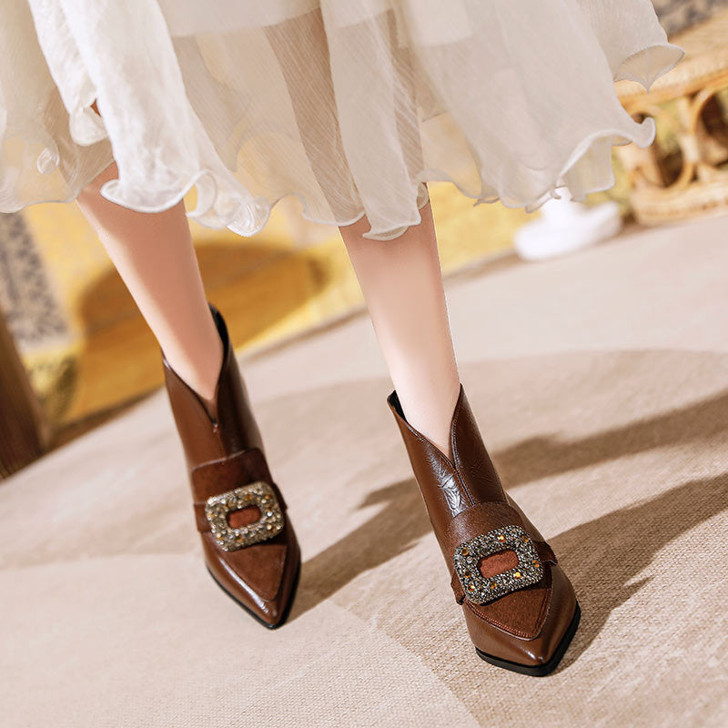 V Cut Chunky Ankle Genuine Horse Fur Pointed Toe Boots