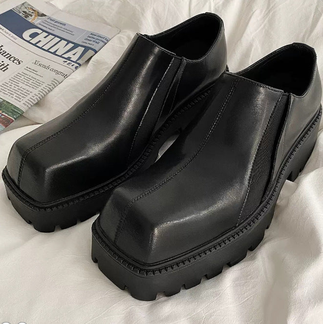 Men's High Sense Cowhide Platform Retro Slip-on Street Style Square Loafers