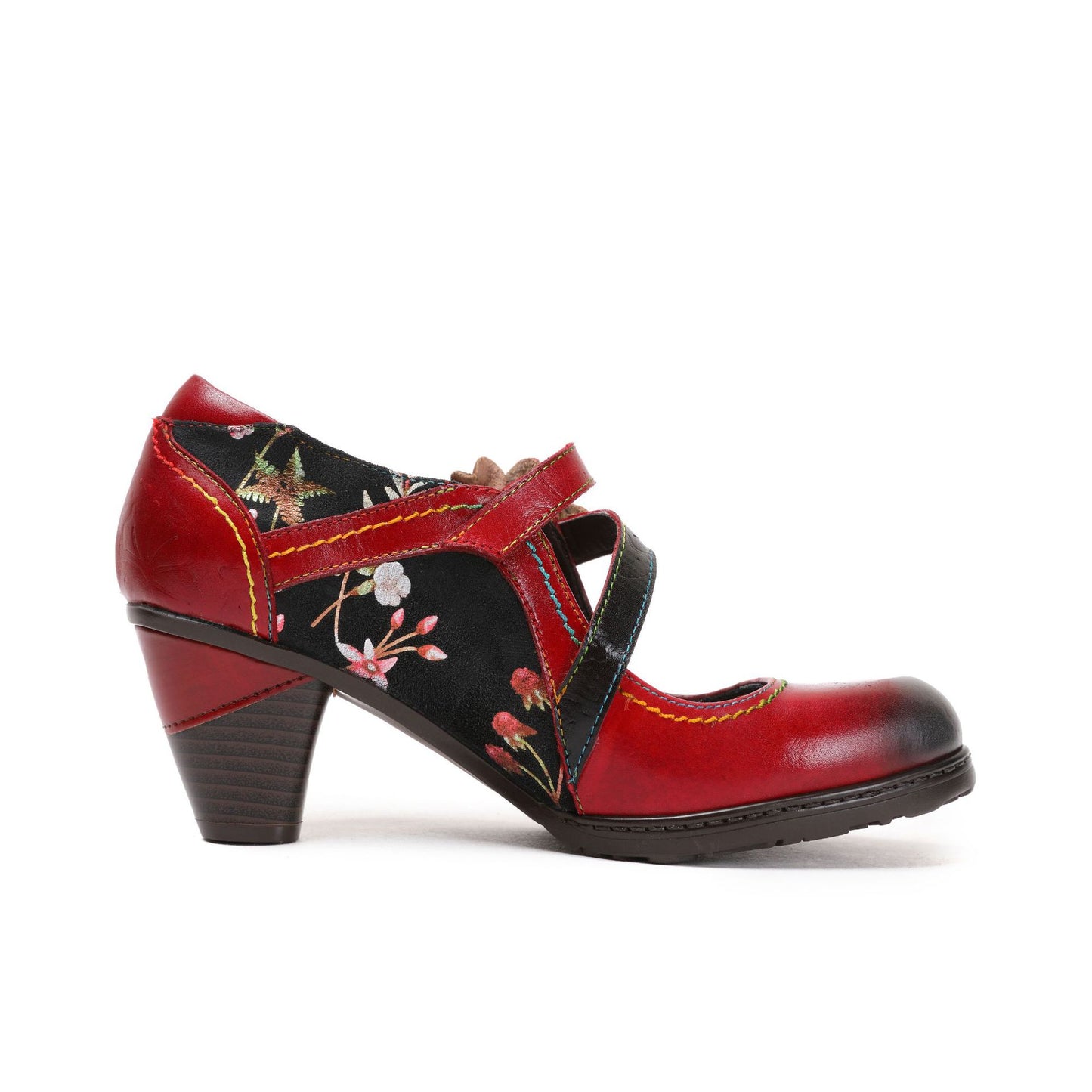 Women's First Layer Cowhide Retro Flower Red High Women's Shoes