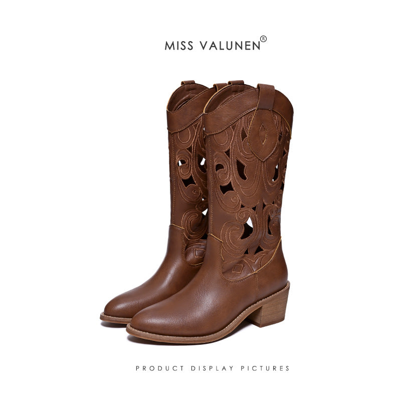 Women's Short Retro Ethnic Style Thick Bottom Motorcycle Chunky Women's Leather Boots