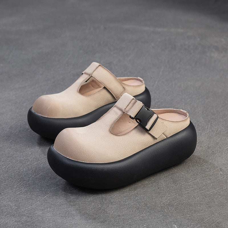 Women's First Layer Cowhide Closed Toe Light Luxury Minority Thick-soles Slippers