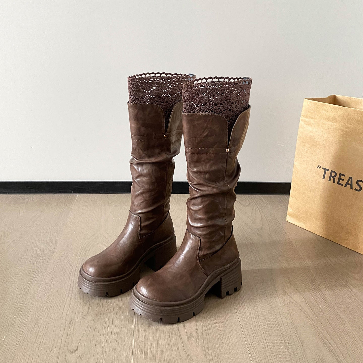 High Lace Chunky Platform Below The Knee Women's Leather Boots
