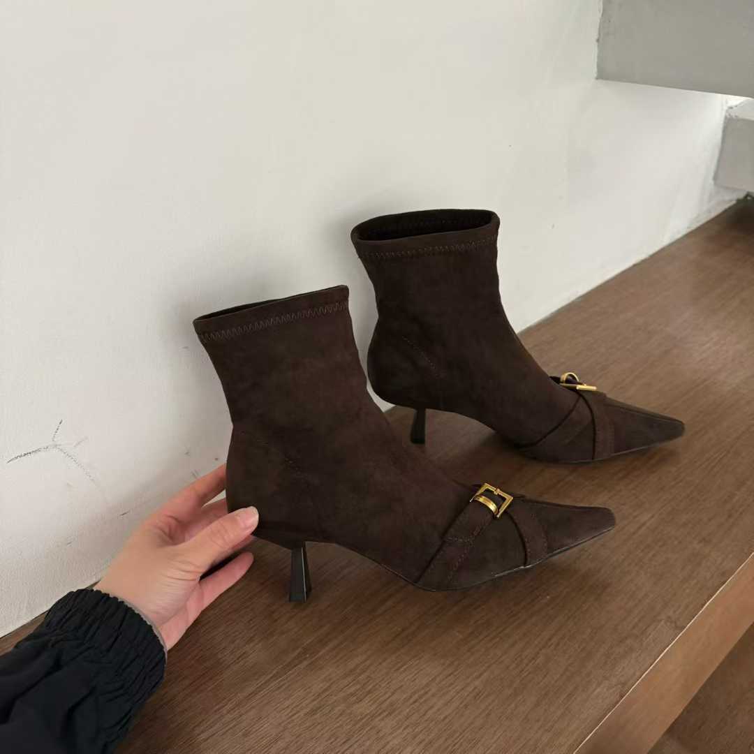 Style Vintage Suede High Female Temperament Pointed Stiletto Metal Buckle Women's Leather Boots