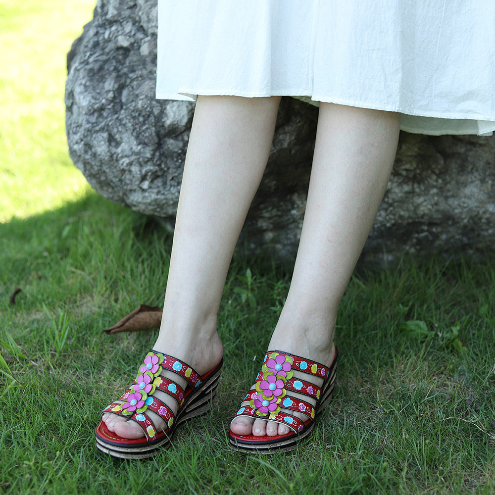Summer Genuine Hand-rub Color Retro Flower Slippers