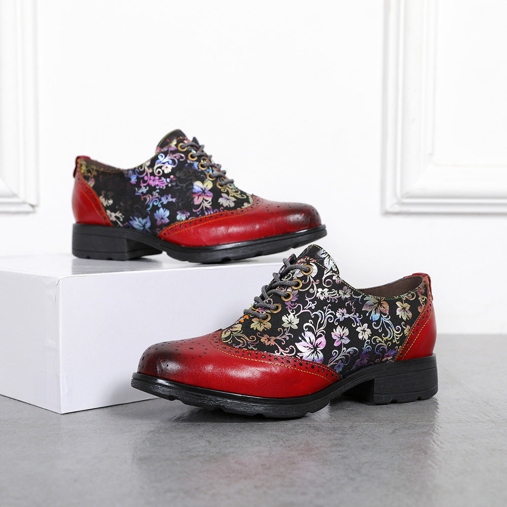 Women's Style Vintage Flower First Layer Cowhide Casual Shoes