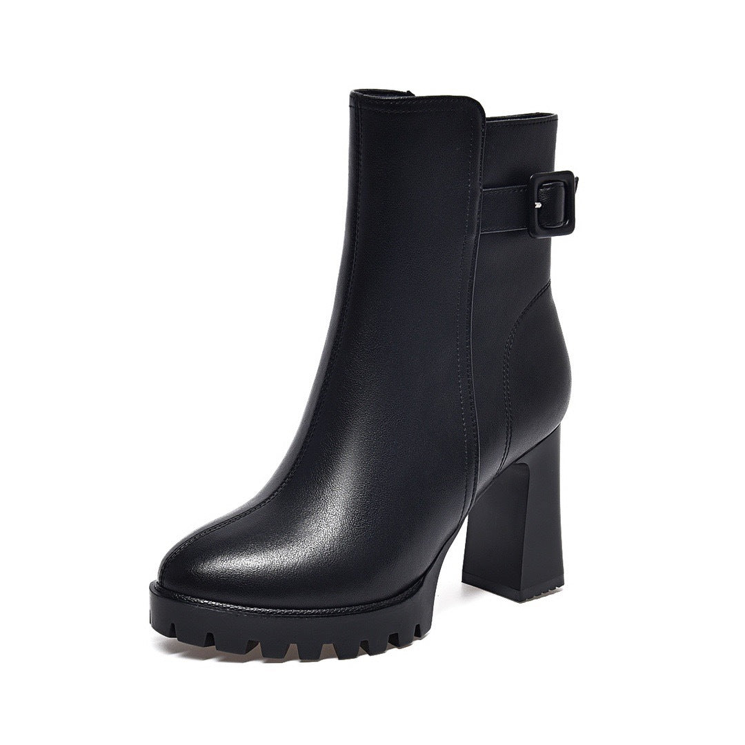 Women's Chunky High Short Winter Platform Genuine Wool Fleece Lined Women's Leather Boots