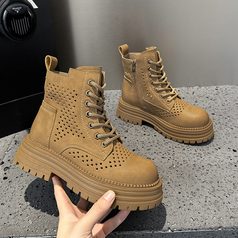 Women's Worker High-cut Hollow Martin Genuine Hole Retro Style Height Increasing Women's Leather Boots