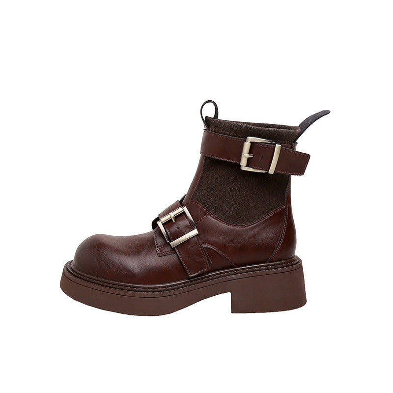 Women's British Style Retro Belt Buckle Chunky Boots