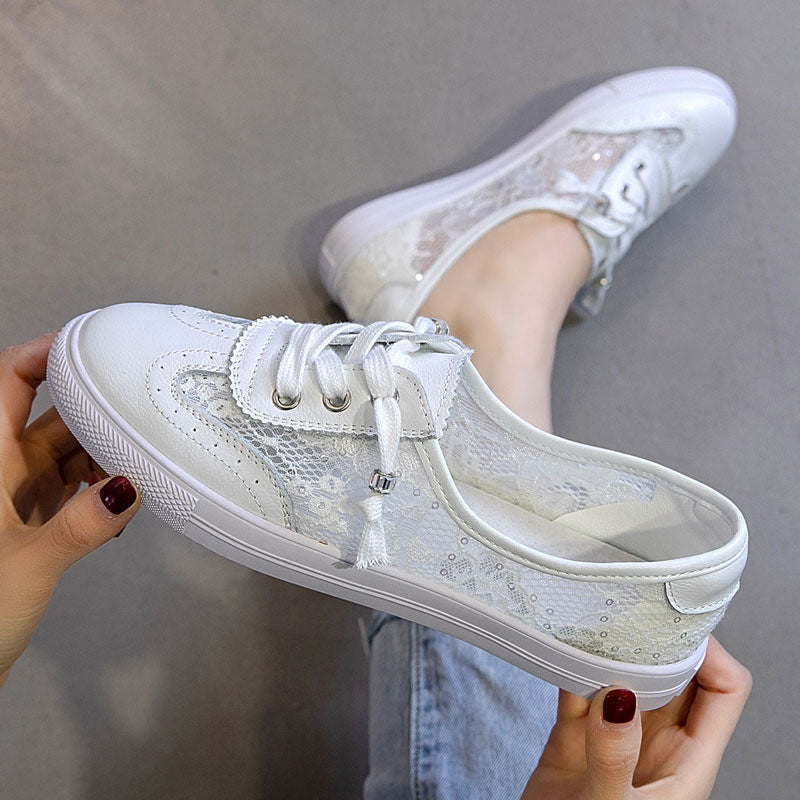 Women's Low-cut Lace Fisherman Mesh Surface White Casual Shoes