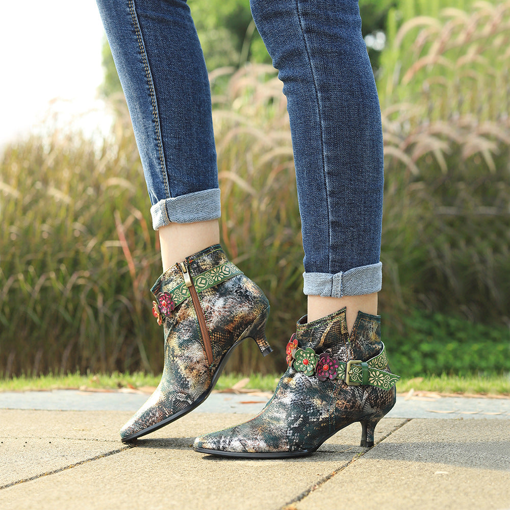 Women's Pattern Flower Beads Belt Buckle Low Boots