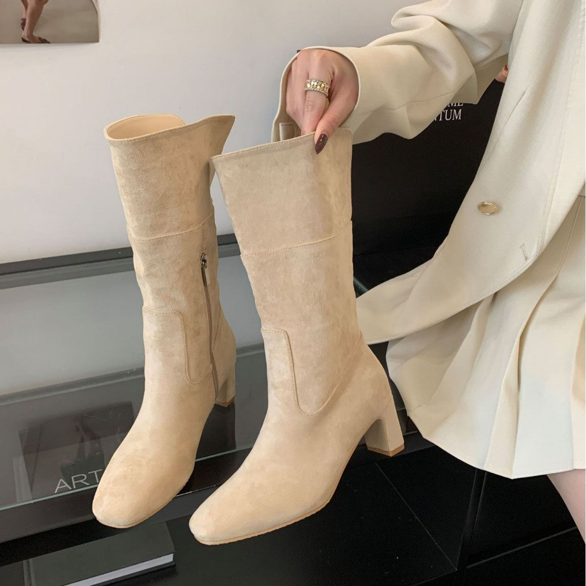 Women's Toe Side Zipper Thin Chunky Fashion Two-way Knight Boots