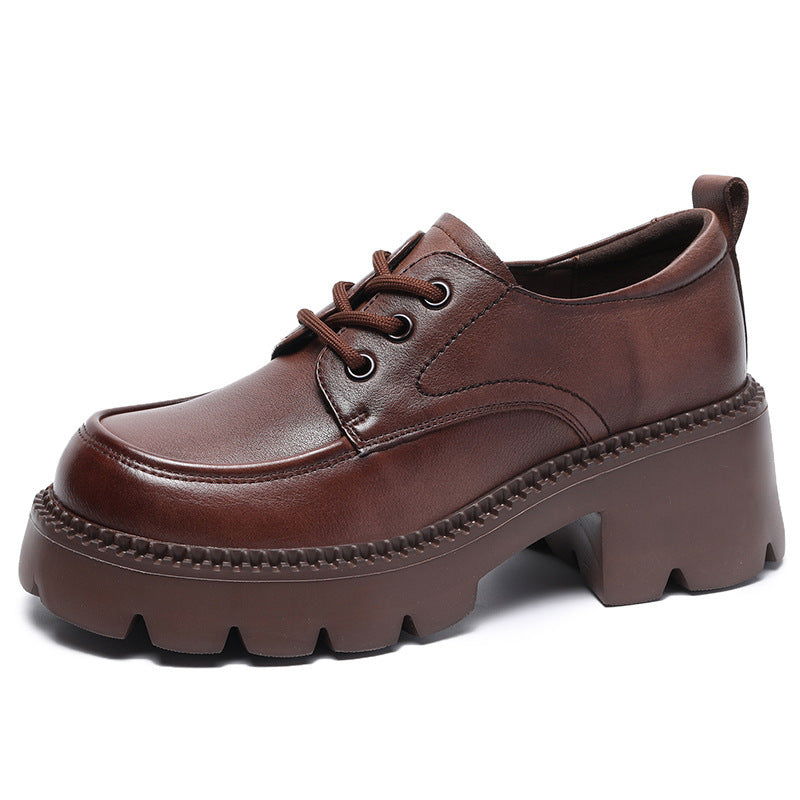 Women's Platform Lace Up Small Brown British Style Heightened Single Women's Casual Shoes