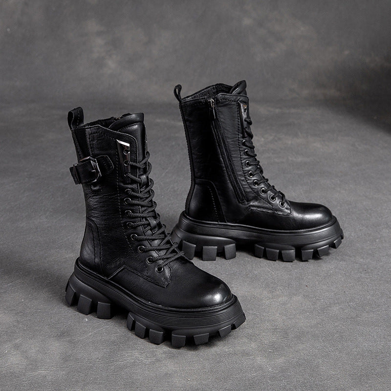 Shu Autumn Solid Color Retro Belt Buckle Muffin Boots