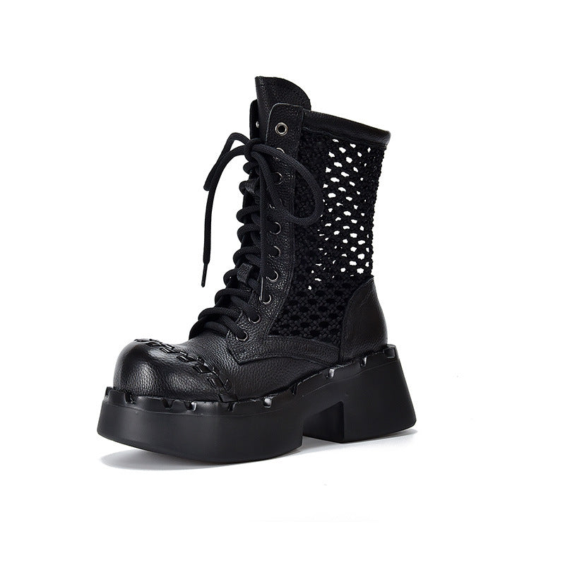 With First Layer Of Cowhide Mesh Chunky Martin Platform Sandals