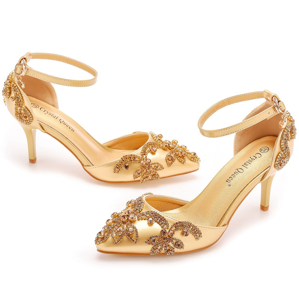 Pointed Plus Size Stiletto Toe Rhinestone High Golden Heels