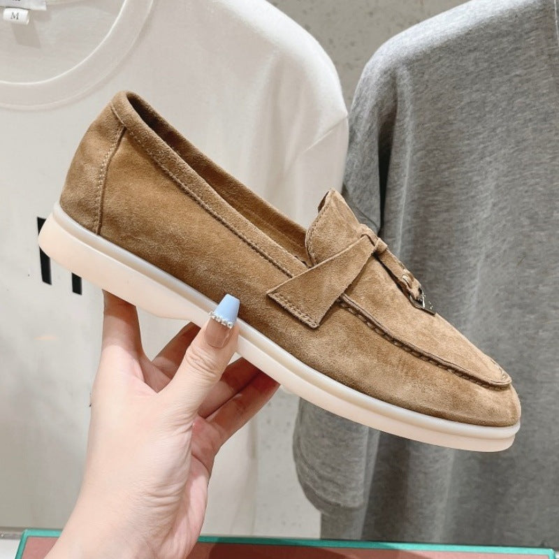British Slip-on Lazy Pumps Deerskin Round Head Tassel Hardware Women's Casual Shoes