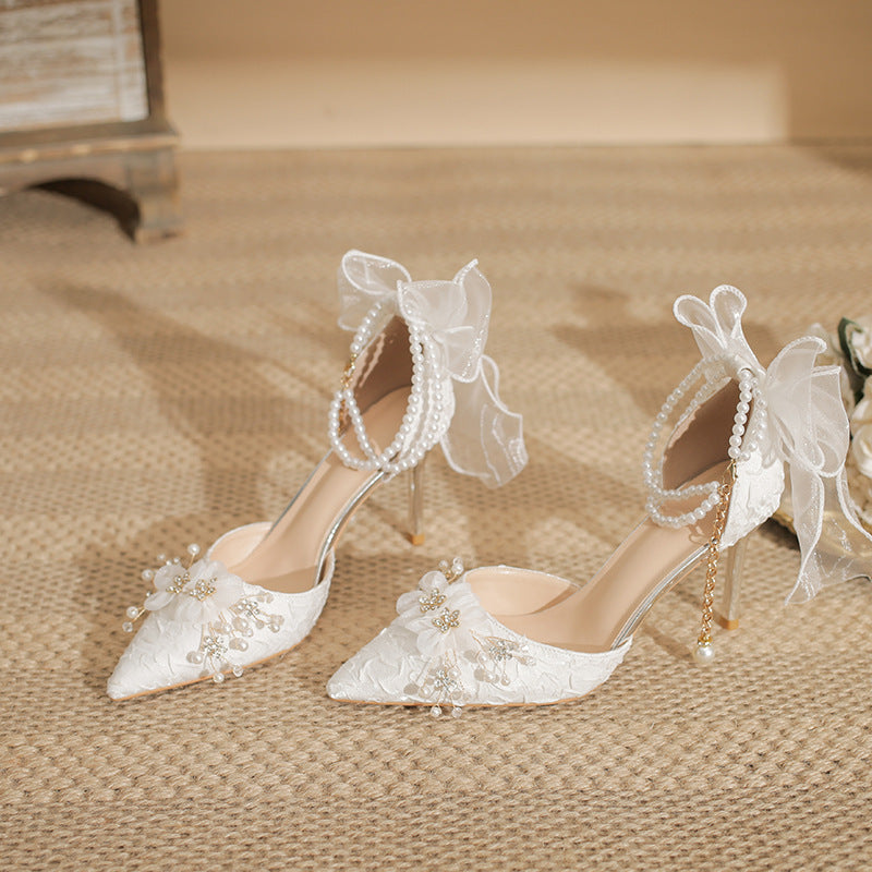 Women's White High Stiletto Pearl Bridal Bow Bridesmaid Versatile Heels