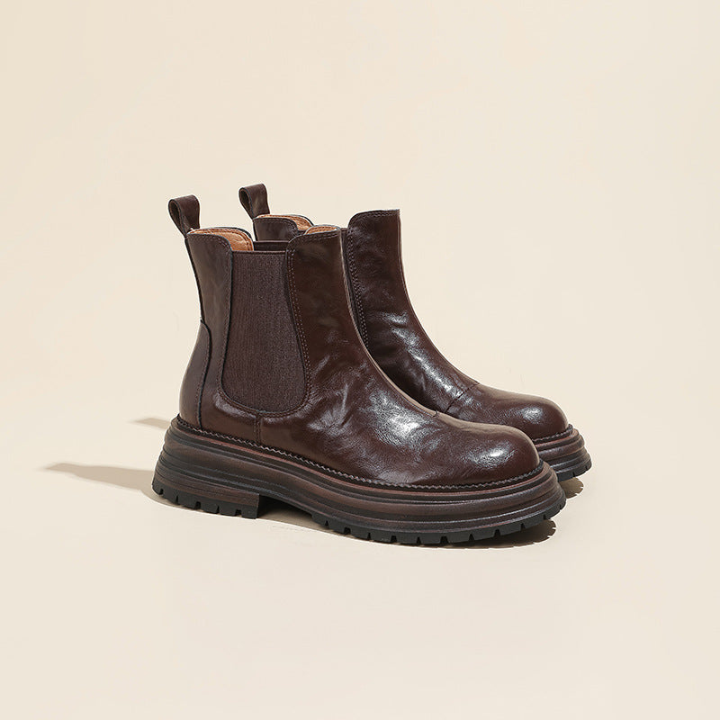 Women's Round Head Chunky Platform Smoke Pipe Chelsea Women's Leather Boots