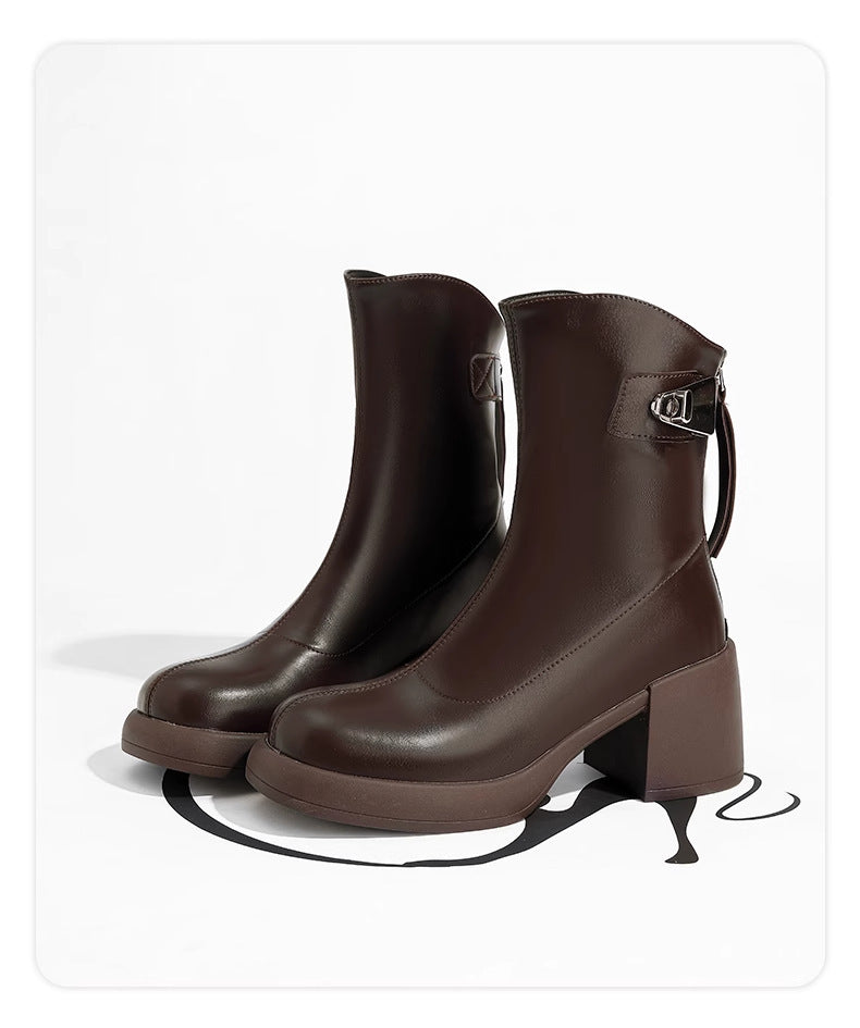 Women's Cowhide Version Skinny Autumn Retro Chunky Boots